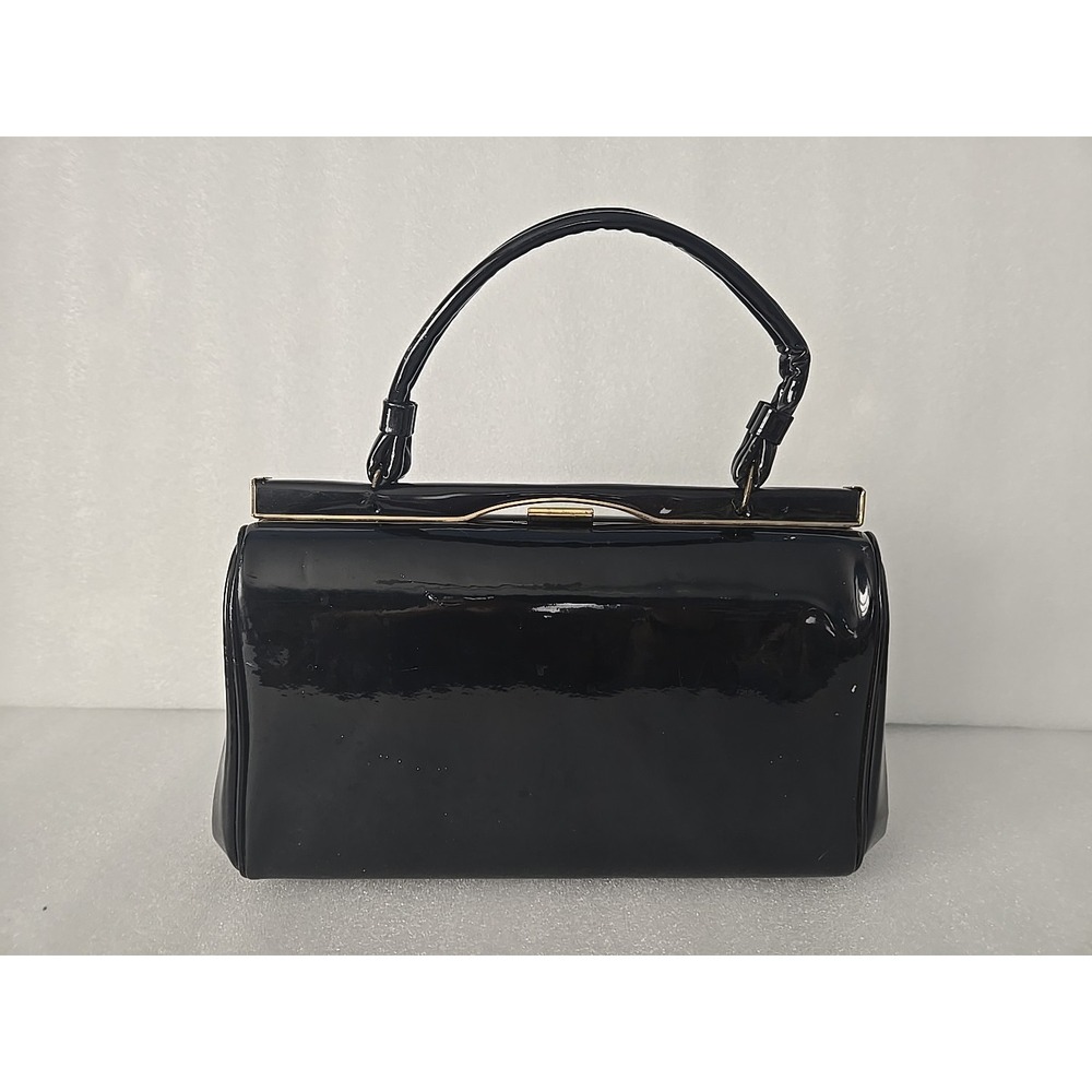 Vintage Pleather Vinyl Hand Bag Purse Black Gold Accents Clasp Lock Squate Frame